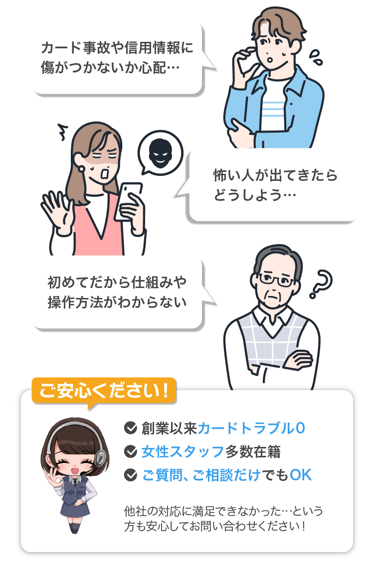 創業以来カードトラブル0・女性スタッフ多数在籍・ご質問、ご相談だけでもOK